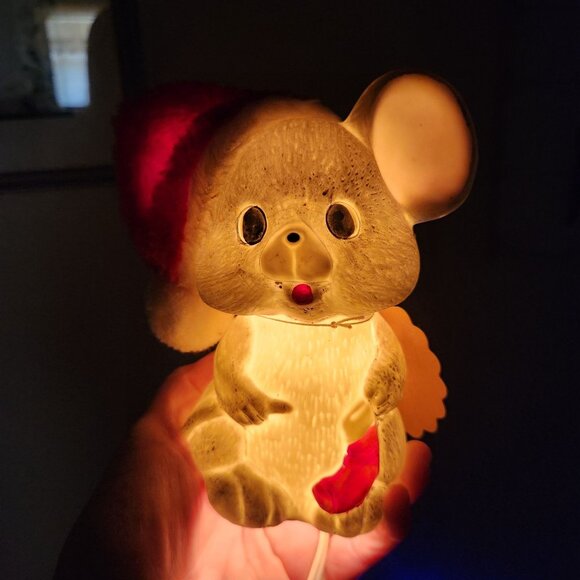 Vintage Light-Up Mouse Figurine with Santa Hat & Stocking Holiday Decor 6" H - Picture 1 of 8